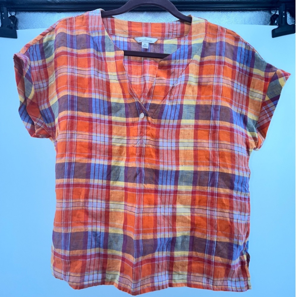 LL Bean‎ Signature Linen Plaid Top Blouse Orange Blue Yellow XS 100% Linen